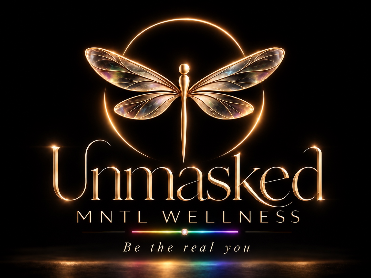 Unmasked MNTL Wellness gold dragonfly logo with a rainbow accent and Be the real you tagline